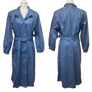 VTG London Fog Womens Blue Trench Coat Size 12 R Union Made‎ Belted Waxed Jacket